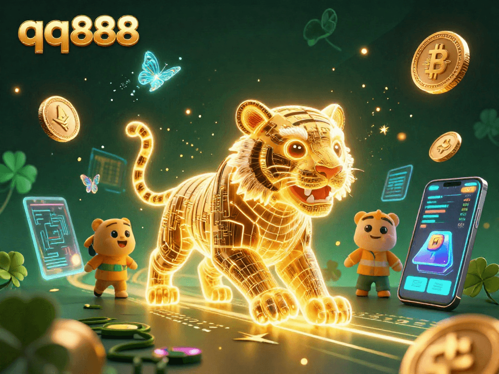 Engage in thrilling play at qq888 with a neon tiger and crypto elements in a vibrant casino
