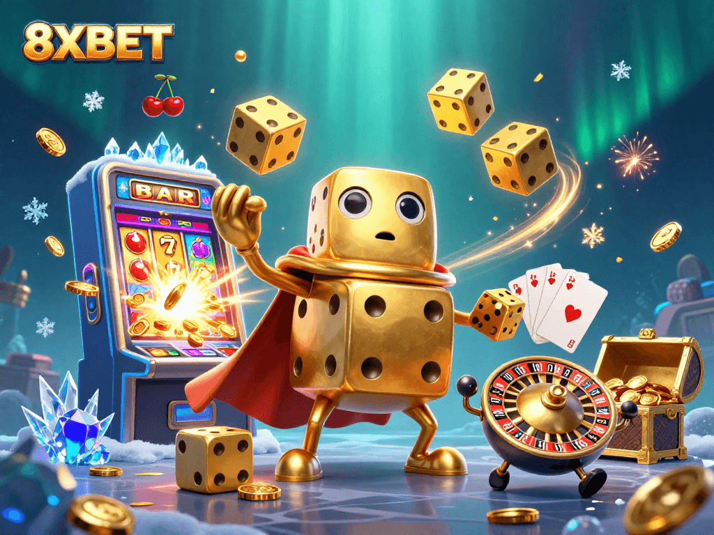 Win big with 8XBET in this vibrant, dynamic casino illustration featuring golden dice and exciting game elements.