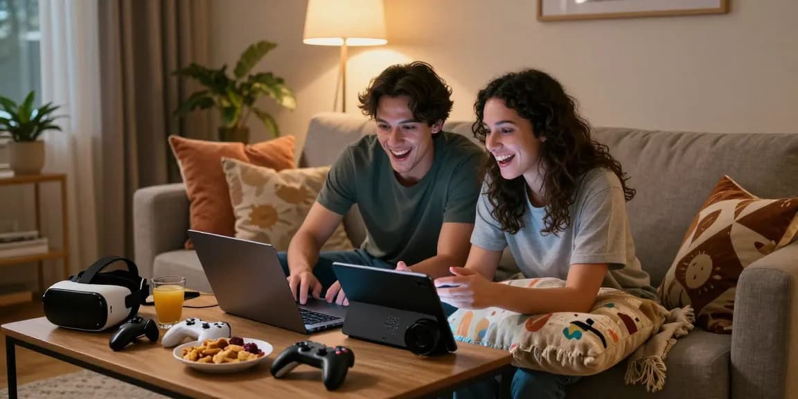 Couple enjoying a porno game together in a cozy setting with gaming devices and snacks.