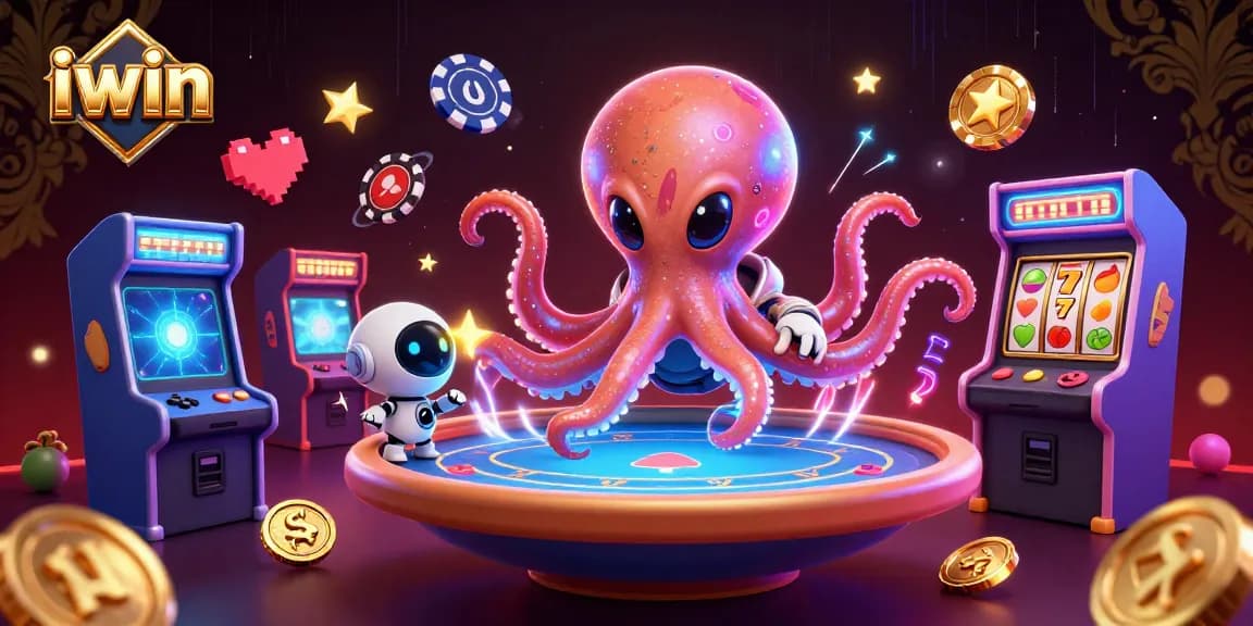 iwin celebrates gaming excitement as a cartoon alien octopus plays poker with a robot in a vibrant casino