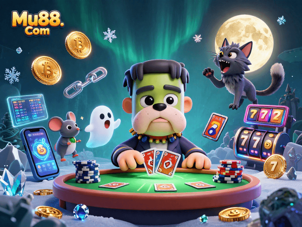 Engage with Mu88. Com at a spooky casino table featuring a bulldog monster and a ghost mouse.