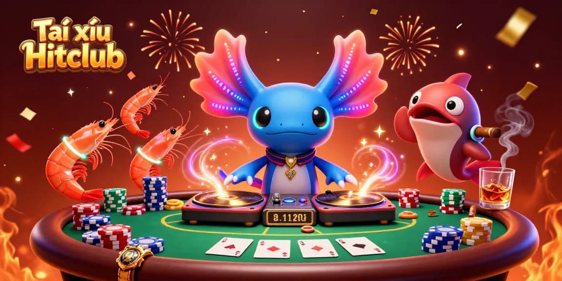 Tài xỉu Hitclub game scene showcasing a vibrant axolotl DJ with poker elements and dynamic energy.