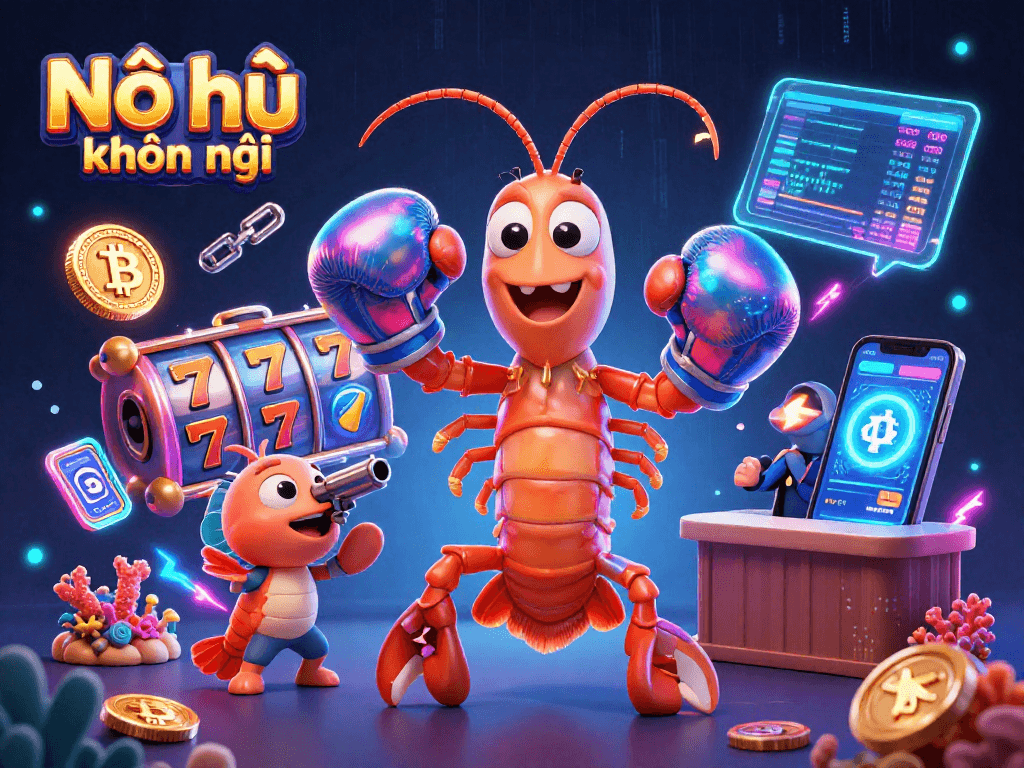 Nổ hũ khuyến mãi showcasing energetic scene with mantis shrimp, slot reels, and crypto elements