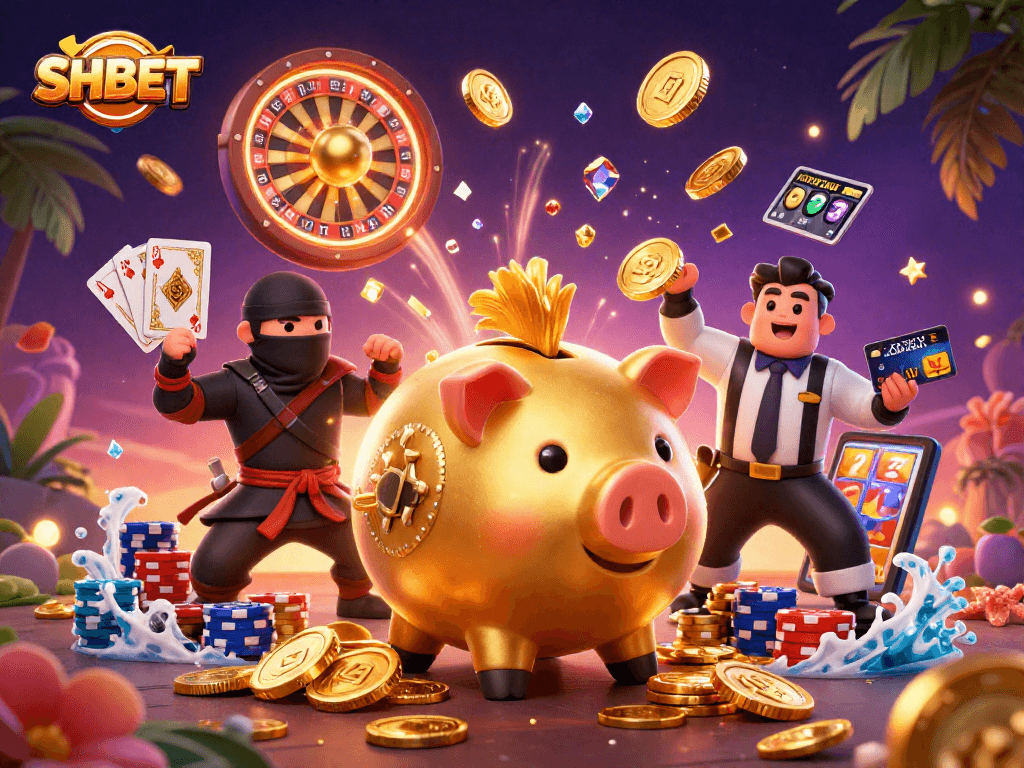 Experience thrilling wins at SHBET with a vibrant casino scene featuring a sumo wrestler, wallet-ninja, and various gaming elements.