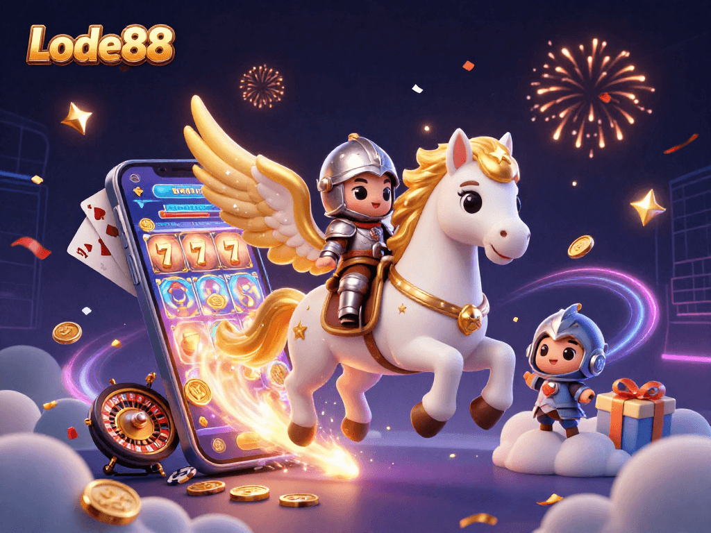 Lode88 introduces a thrilling scene with a celestial horse and knight amidst vibrant casino symbols.