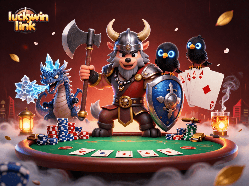 Engaging scene depicting luckywin link with a Viking wolf warrior, dragon, and poker elements for an immersive casino experience.