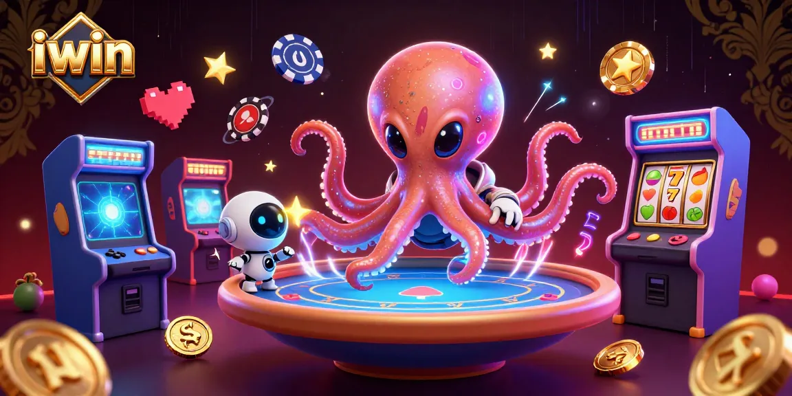 iwin celebrates gaming excitement as a cartoon alien octopus plays poker with a robot in a vibrant casino