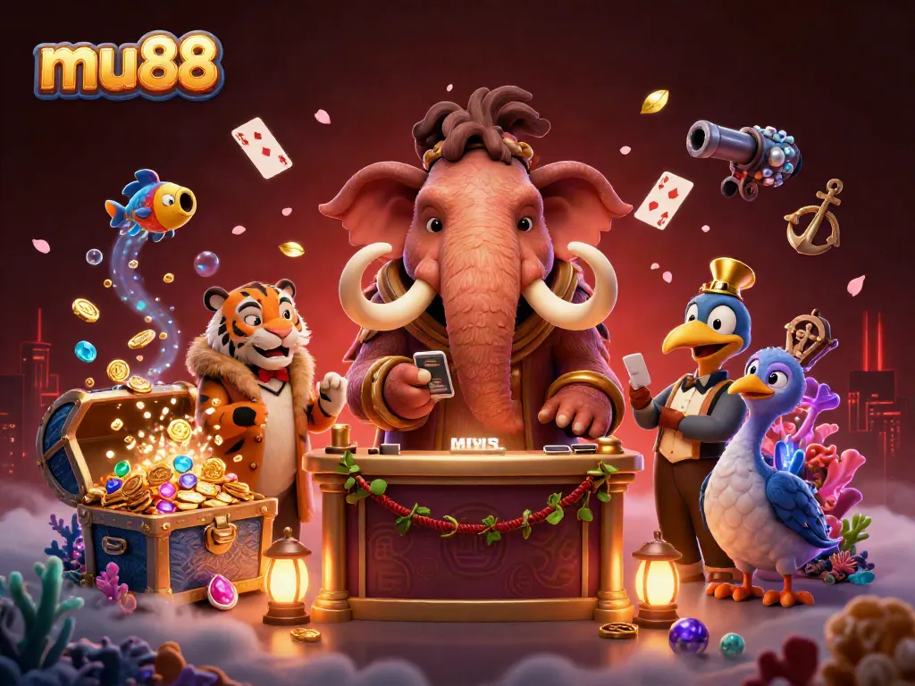 Immerse in the vibrant world of mu88 as a woolly mammoth bouncer checks IDs at the casino entrance.