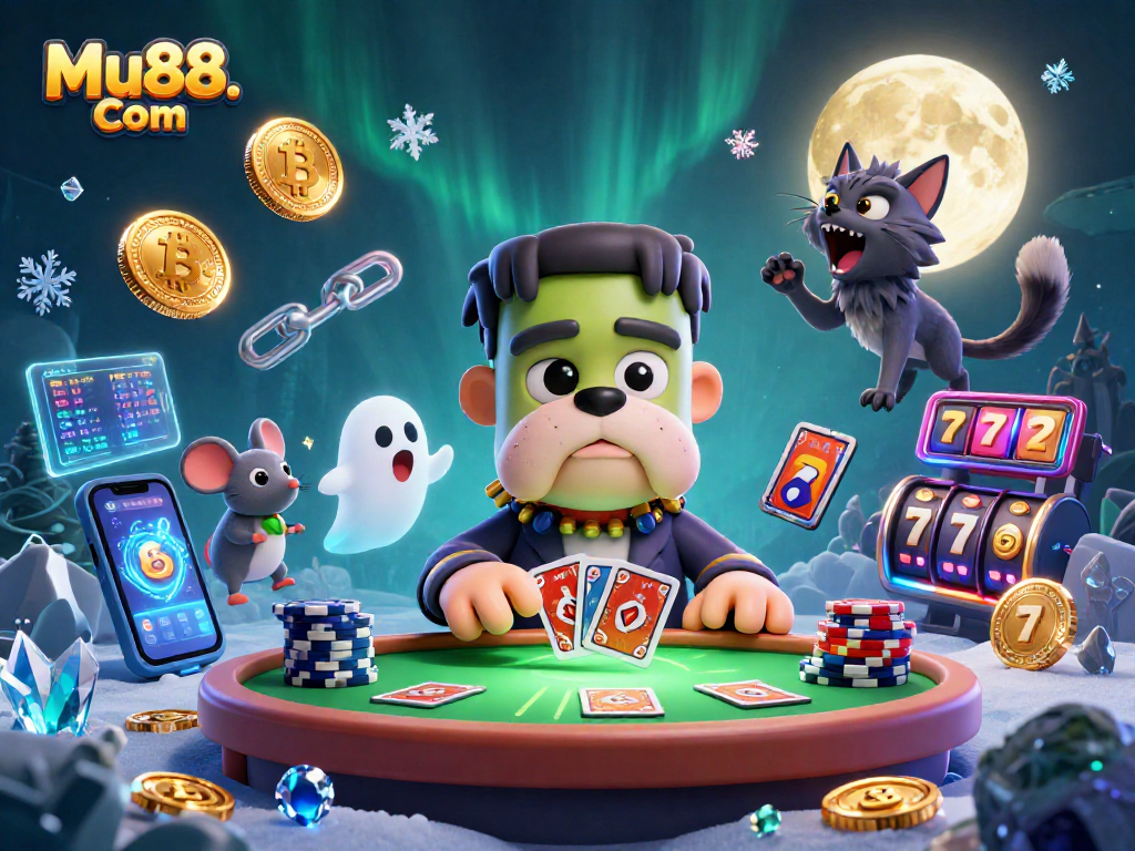 Engage with Mu88. Com at a spooky casino table featuring a bulldog monster and a ghost mouse.