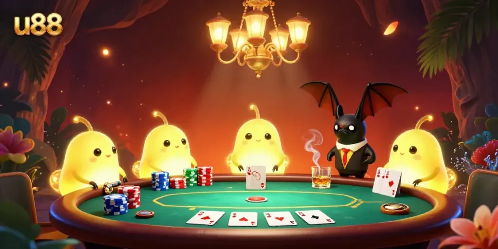 Play poker in the enchanting cave casino lit by u88's glowworms and bat dealer, filled with vibrant elements.