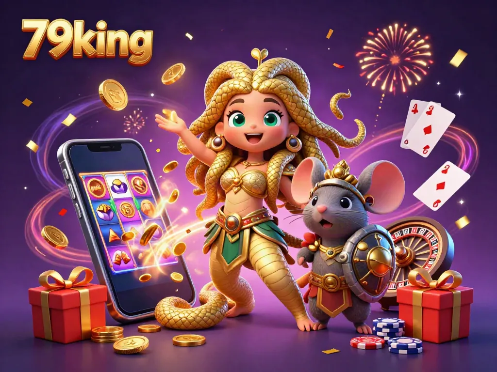 Engage with 79king's vibrant 3D illustration showcasing Medusa, a warrior mouse, and dynamic gaming elements.