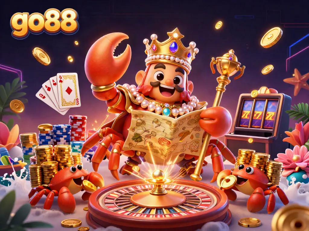 Play exciting games and win big with go88, featuring a golden crab emperor in a vibrant casino scene.