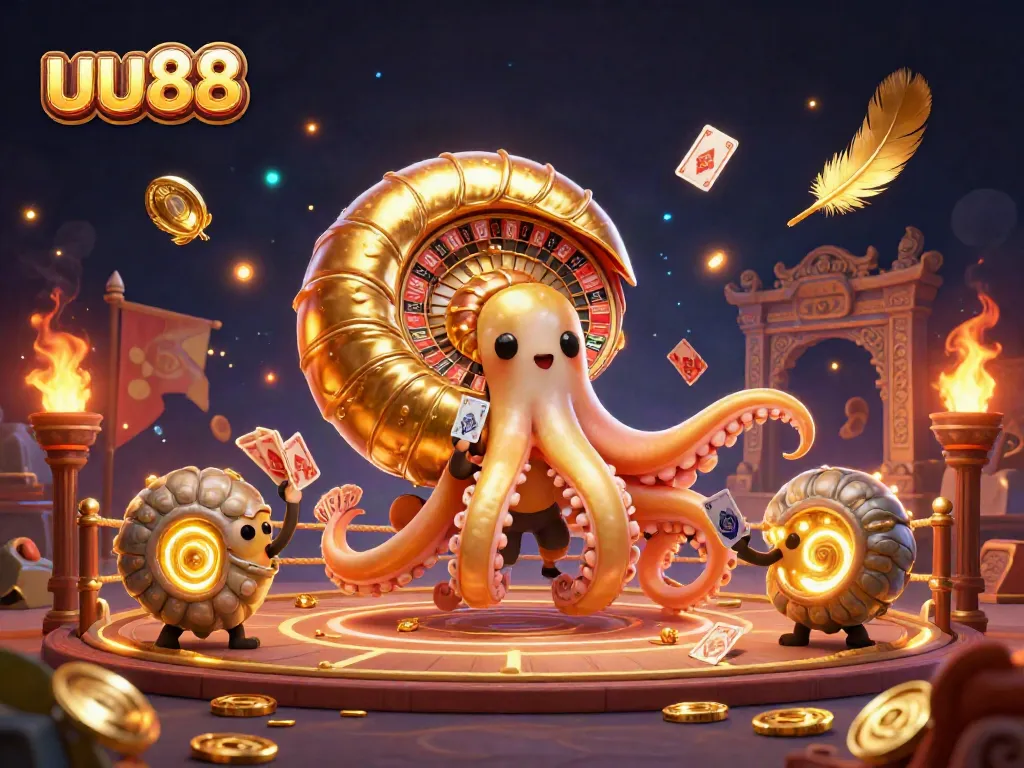 uu88 showcases a vibrant 3D casino scene with an ancient nautilus roulette wheel, cards, and gold coins.