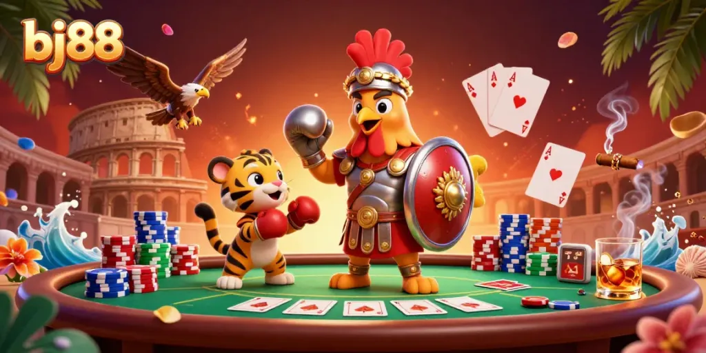 Engage in thrilling games at bj88, featuring a gladiator rooster and poker elements in a vibrant casino scene.