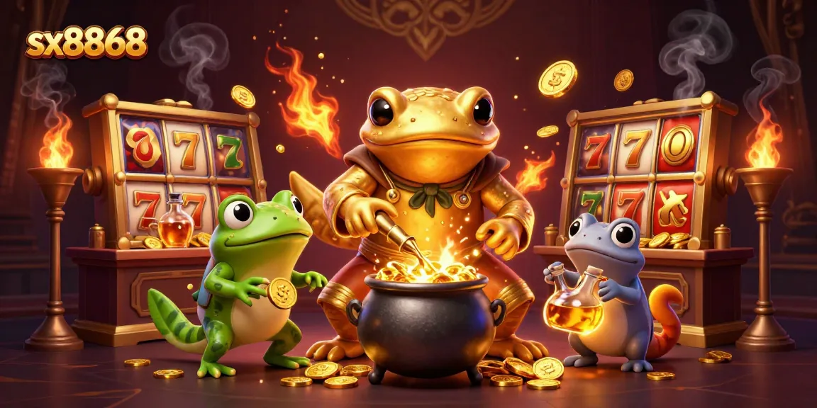Experience gaming excitement with sx8868's enchanting golden alchemist scene, spinning slot reels, and vibrant casino elements