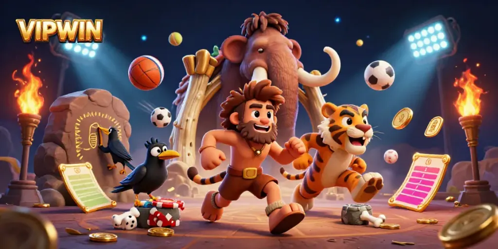 Experience excitement at VIPWIN with a lively prehistoric casino featuring a caveman and sabertooth tiger.