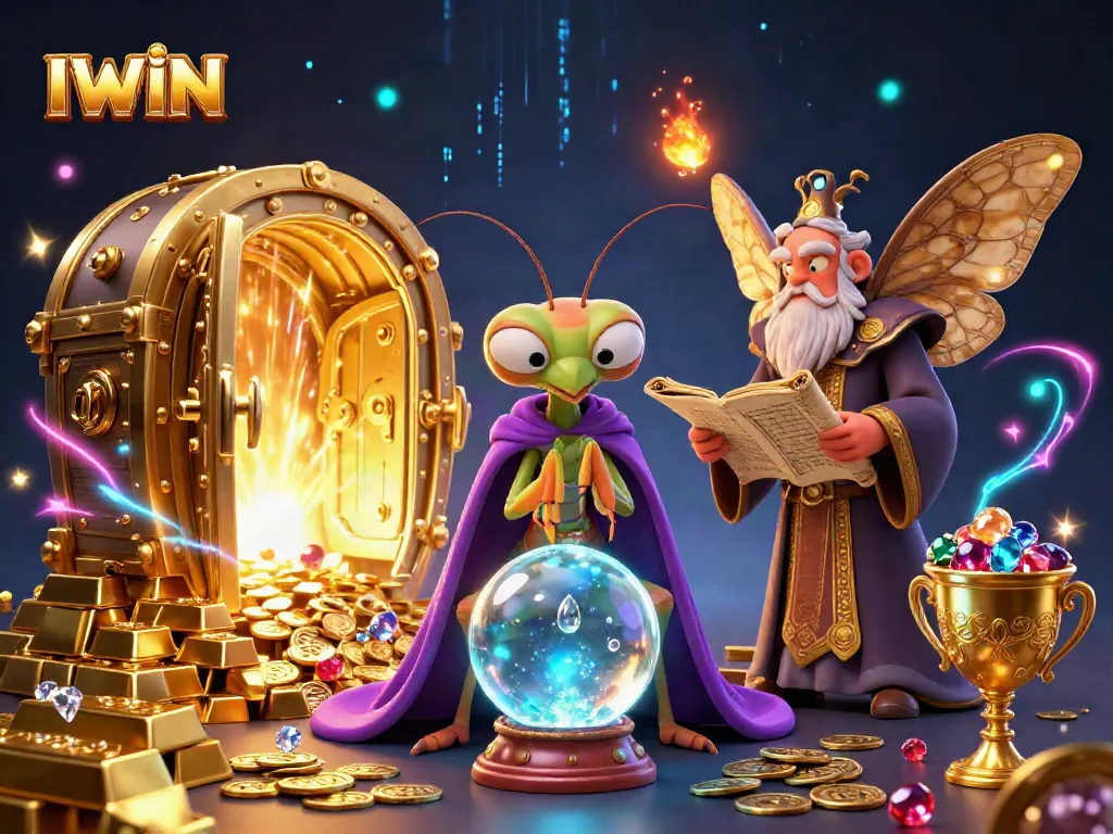 IWIN jackpots come alive with a vibrant 3D scene of a fortune teller and librarian amidst treasures