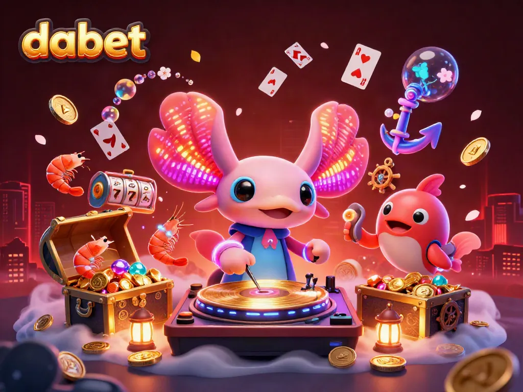Dabet showcases a vibrant casino scene with a neon axolotl DJ and cheerful aquatic characters celebrating wins.