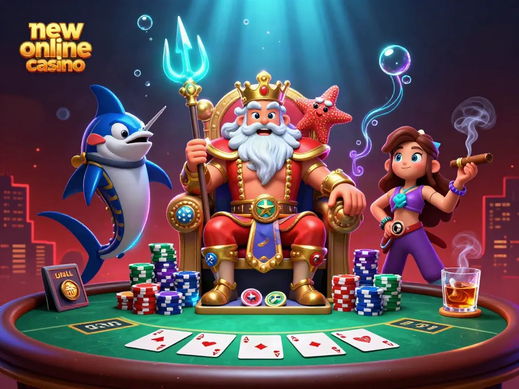 Experience the thrill at a new online casino with Neptune surrounded by poker and vibrant gaming elements.