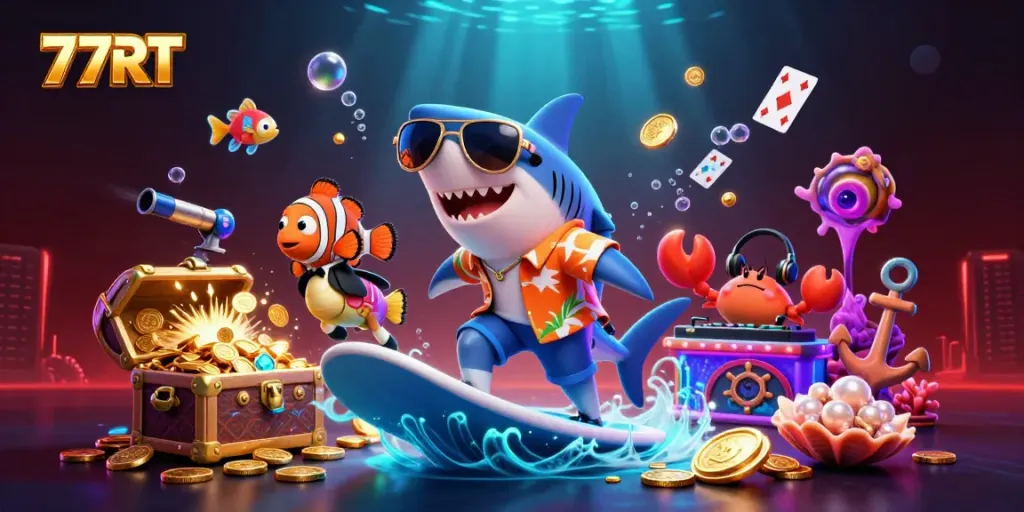 Experience thrilling gameplay with 77RT as cartoon characters surf on gold coins surrounded by vibrant underwater elements.