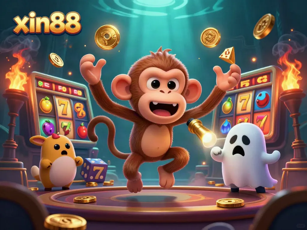Experience thrilling gameplay at xin88 with a playful poltergeist monkey juggling golden treasures.