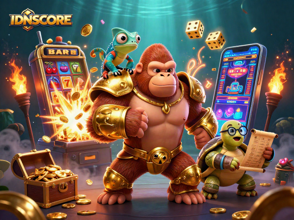 Experience IDNSCORE's vibrant gaming scene featuring a golden gorilla and thrilling casino elements.