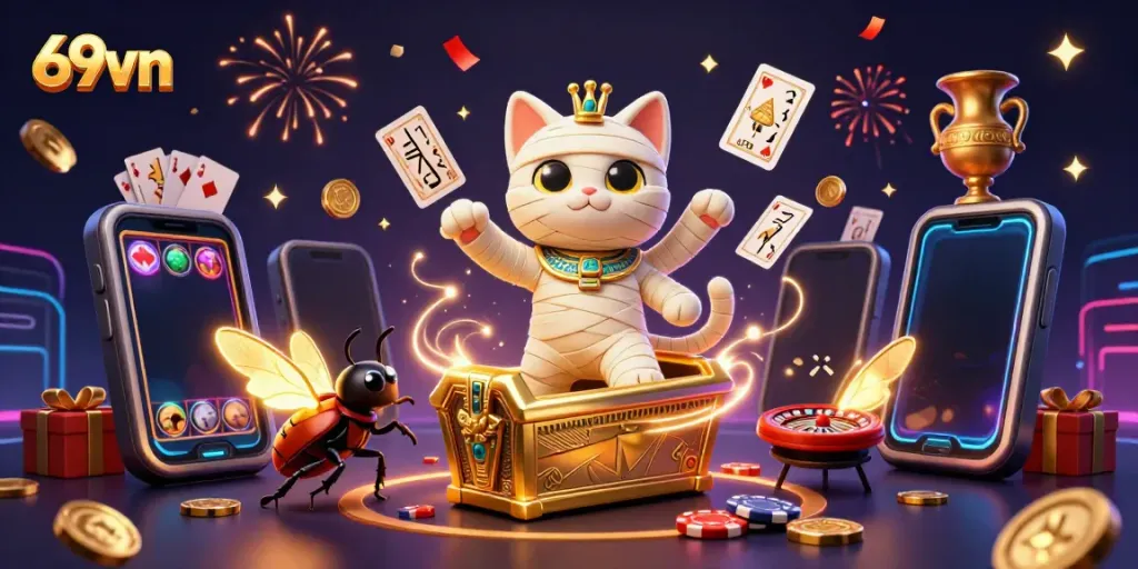 Experience the thrilling world of 69vn casino with a mummy cat and glowing scarab in vibrant action.