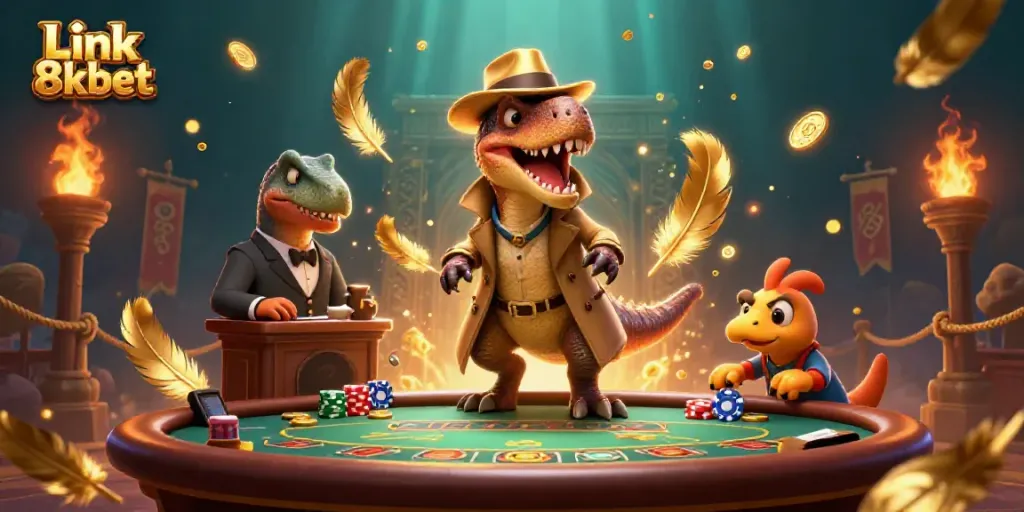 Join the fun at Link 8kbet with a velociraptor card counter at a blackjack table in a vibrant casino scene.