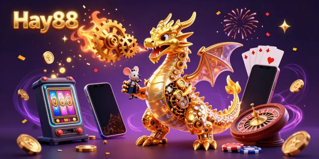 Experience Hay88's thrilling gaming scene with a golden dragon amidst vibrant casino elements.
