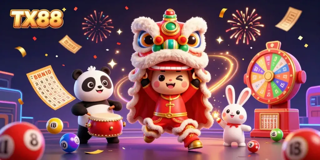 Play exciting lottery games at TX88 with dynamic visuals of a festive 3D scene.