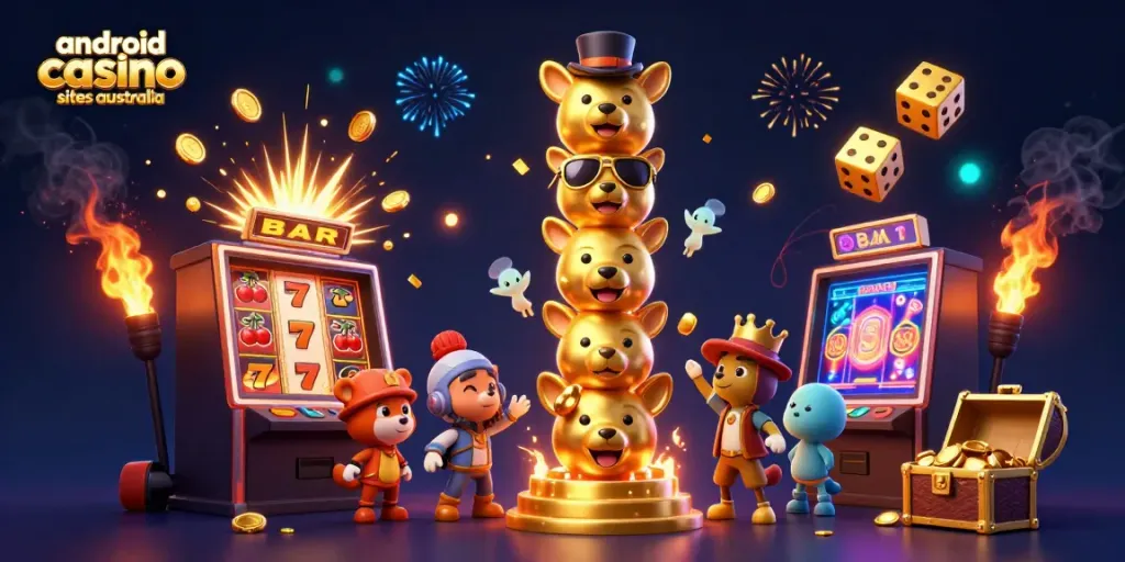 Experience the excitement of android casino sites Australia with vibrant 3D illustrations of games and jackpots.
