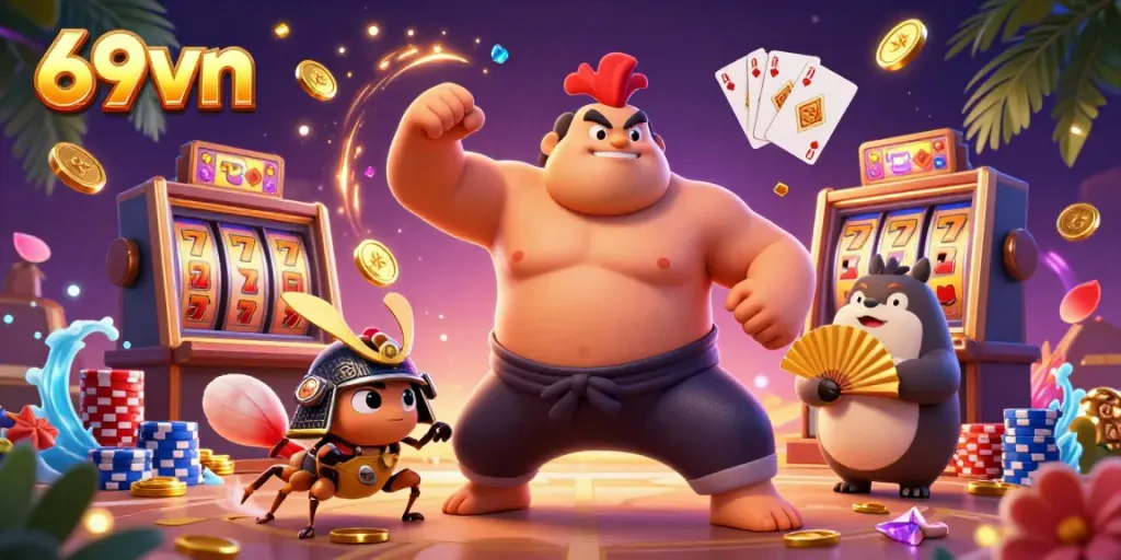 Engage with exciting 69vn games featuring a dynamic sumo wrestler, samurai cricket, and tanuki announcer.