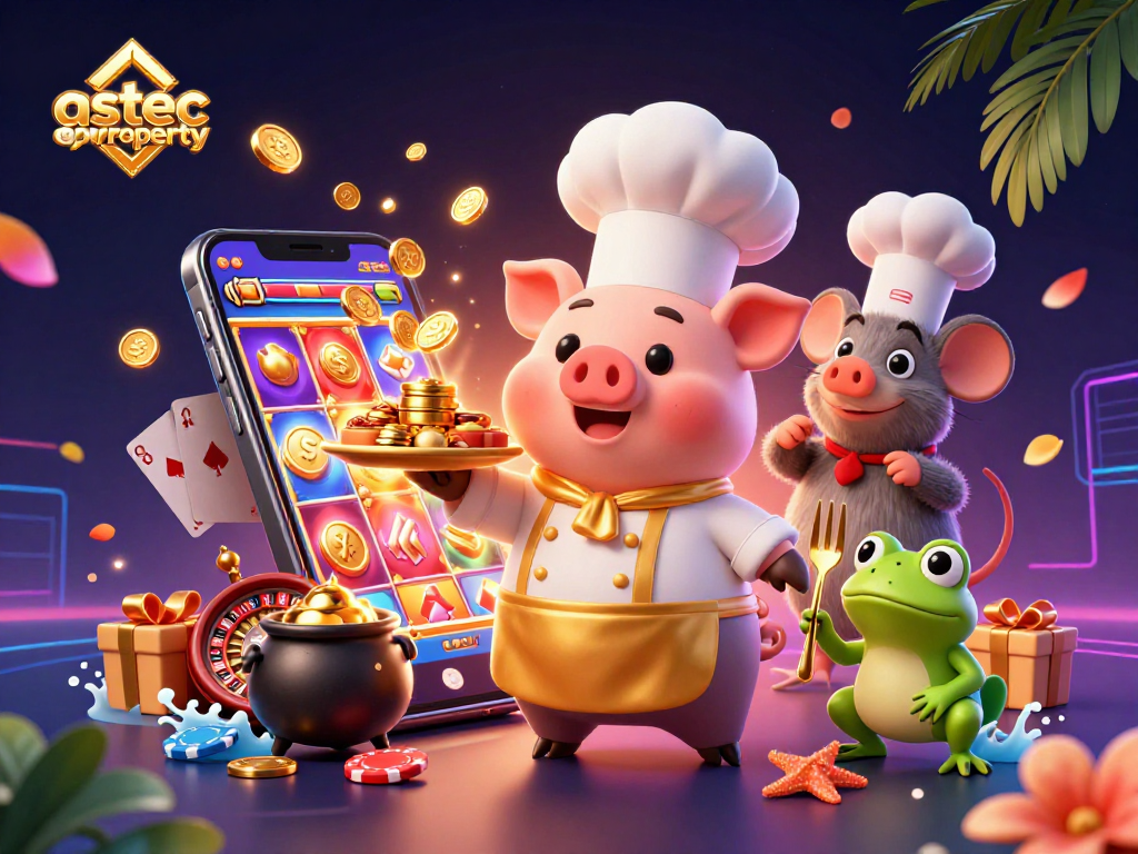 Join the gaming excitement with astecoproperty, where a chef pig serves golden coins in a vibrant casino scene.