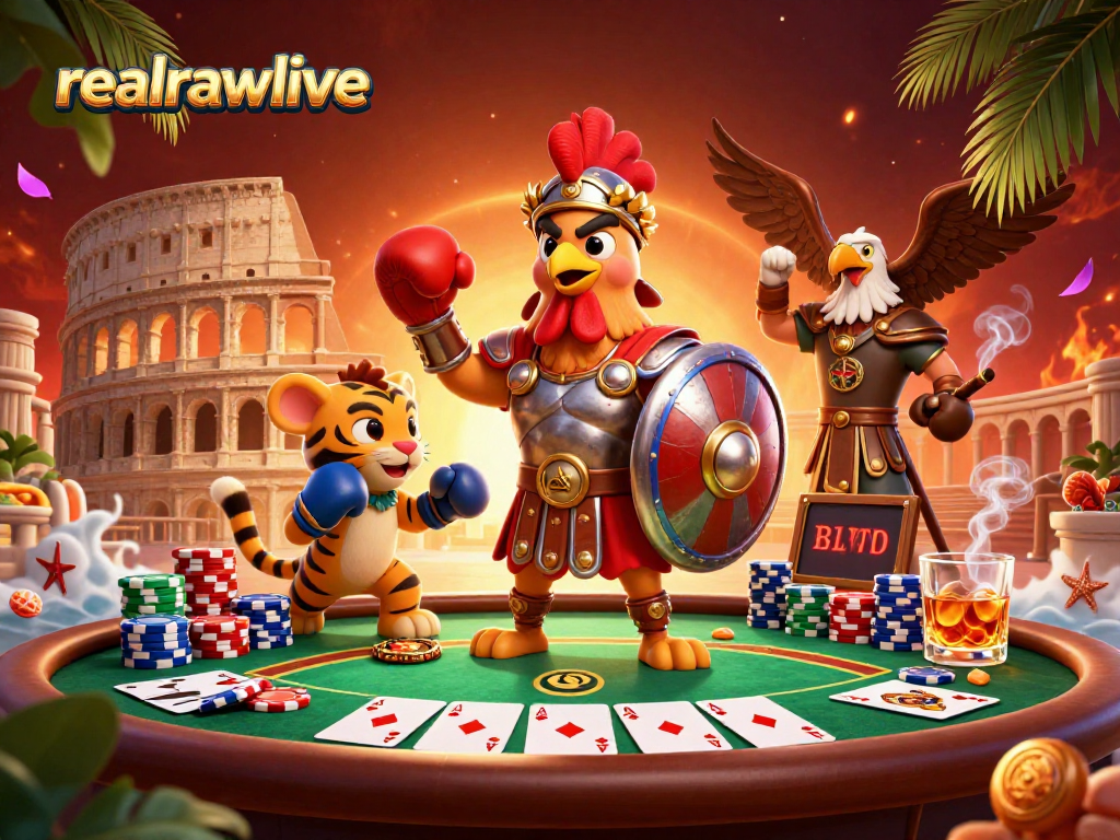 realrawlive showcases a vibrant scene of a gladiator rooster and sparring cub at a poker tournament