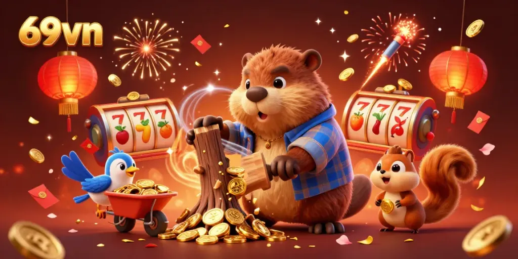 Experience the excitement of 69vn with a dynamic scene of whimsical characters in a vibrant casino setting, celebrating wins.