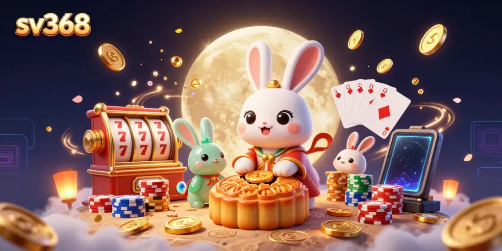 Join the excitement at sv368 with a vibrant moon rabbit and poker chips, celebrating casino wins!