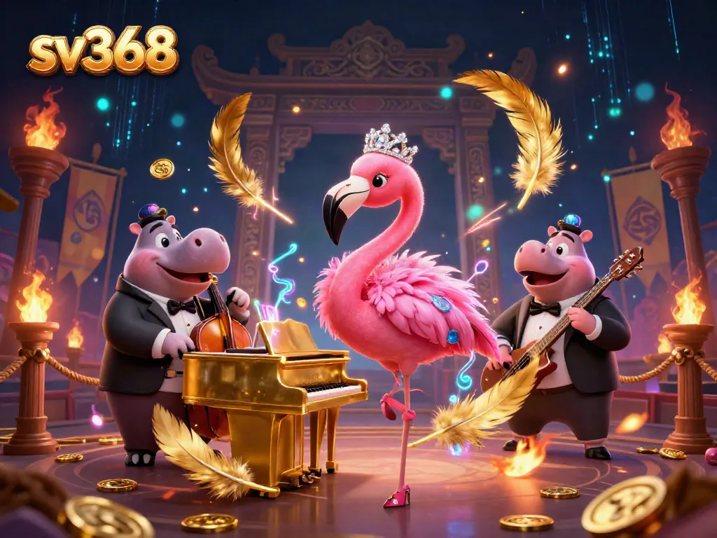 Experience thrilling wins at sv368 with vibrant casino atmosphere featuring a flamingo singer and hippo bassist.