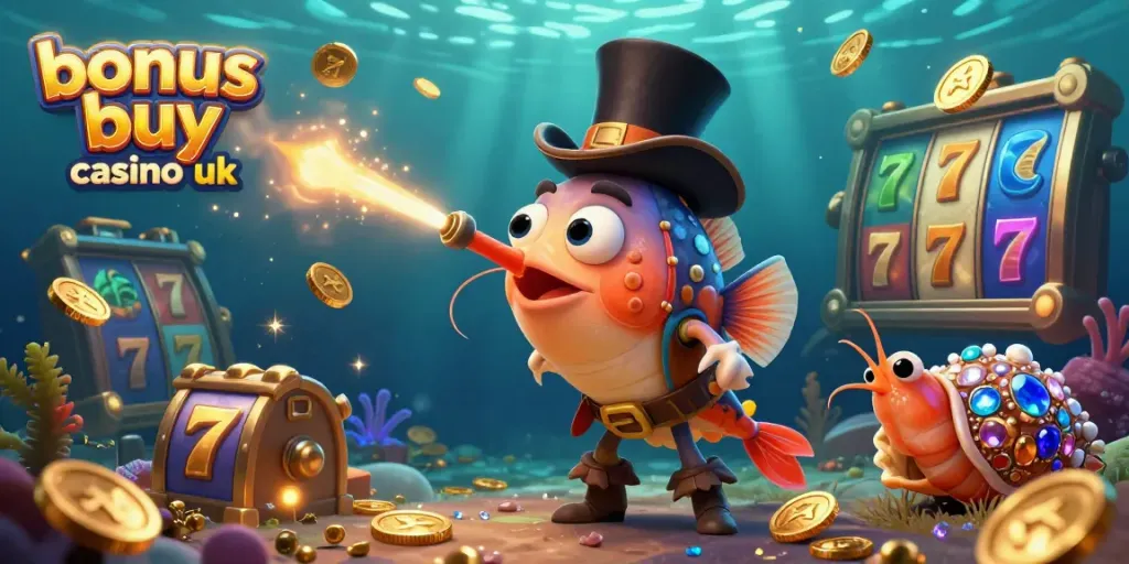 Engaging scene with a bonus buy casino uk theme featuring a vibrant underwater anglerfish, shrimp, and sea snail in a lively casino setting.