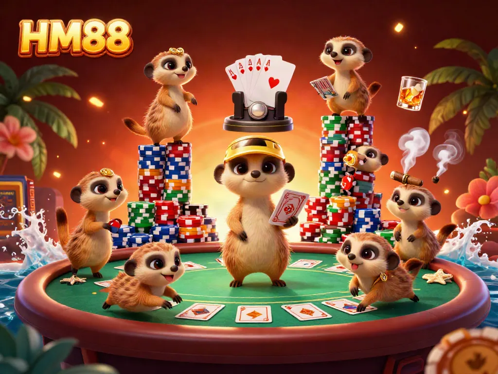 Experience the excitement at HM88's casino, with meerkats managing poker tables, chip towers, and colorful chips.