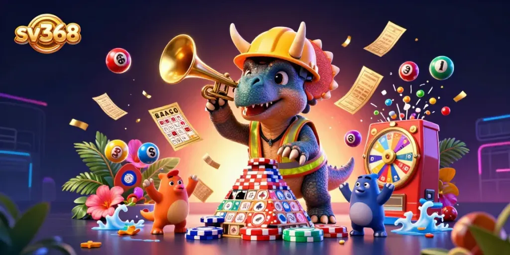 Engage with sv368 casino excitement as a triceratops celebrates stacking poker chips, surrounded by festive game elements.