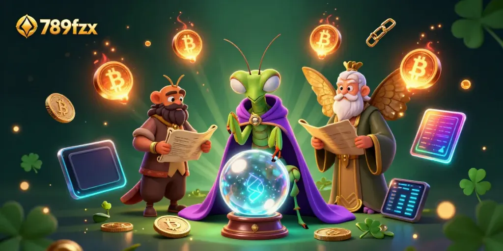 Engage with the magical world of 789fzx, featuring a fortune teller and moth librarian in a vibrant casino scene with crypto elements.