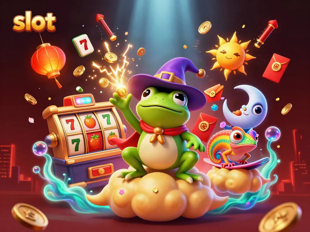 Experience thrilling slot action with vibrant 3D characters creating a celebration of jackpots and coins.