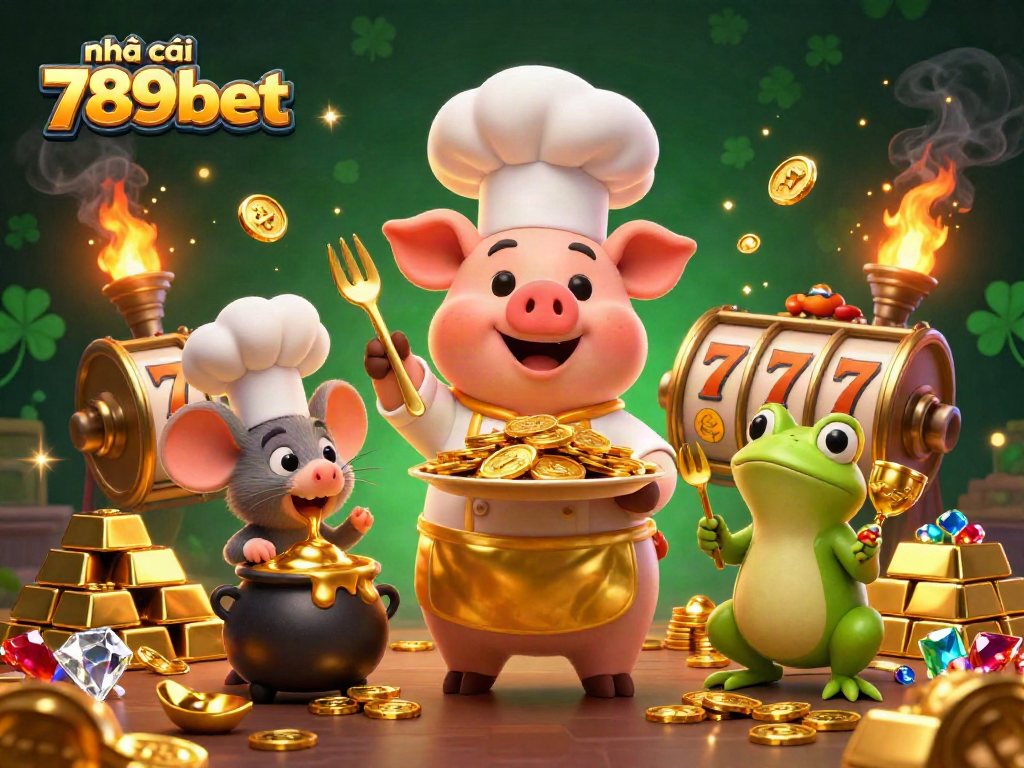 Engage with the vibrant world of nhà cái 789bet, featuring a chef pig, mouse, and frog in a treasure-filled casino scene.