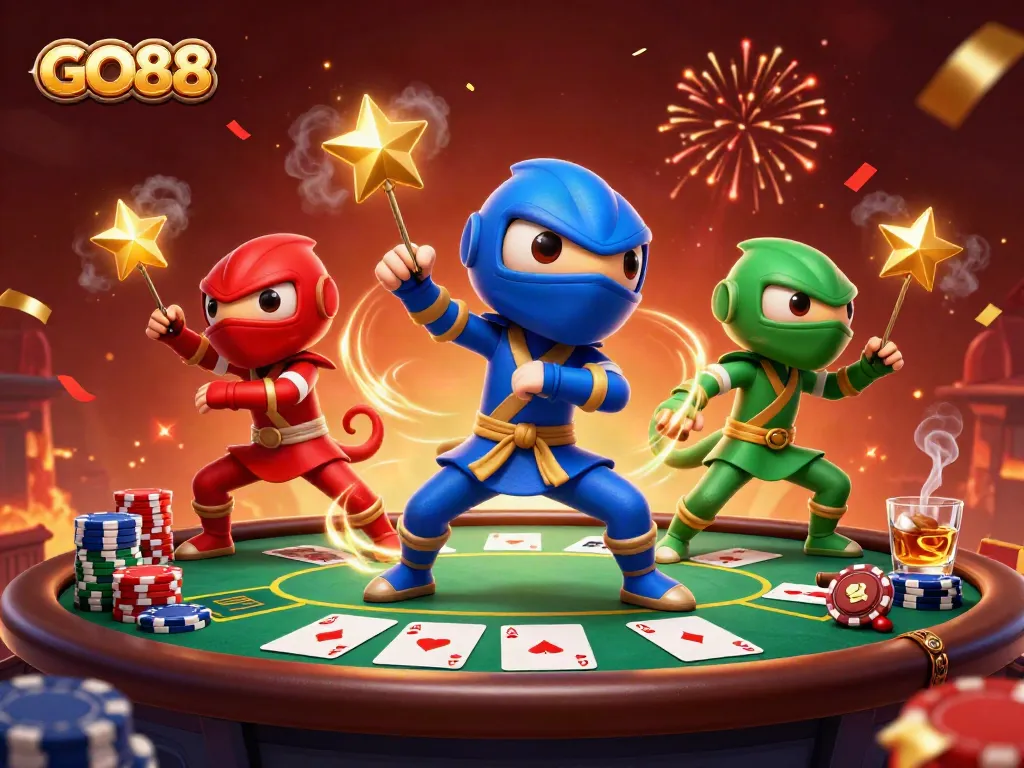GO88 ninja chameleons performing skills on a casino rooftop amidst poker elements and festive effects.
