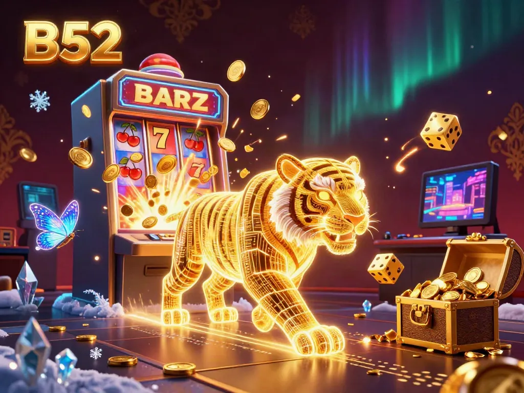 Experience thrilling B52 casino action with a neon golden tiger amidst jackpot chaos in a digital playground.