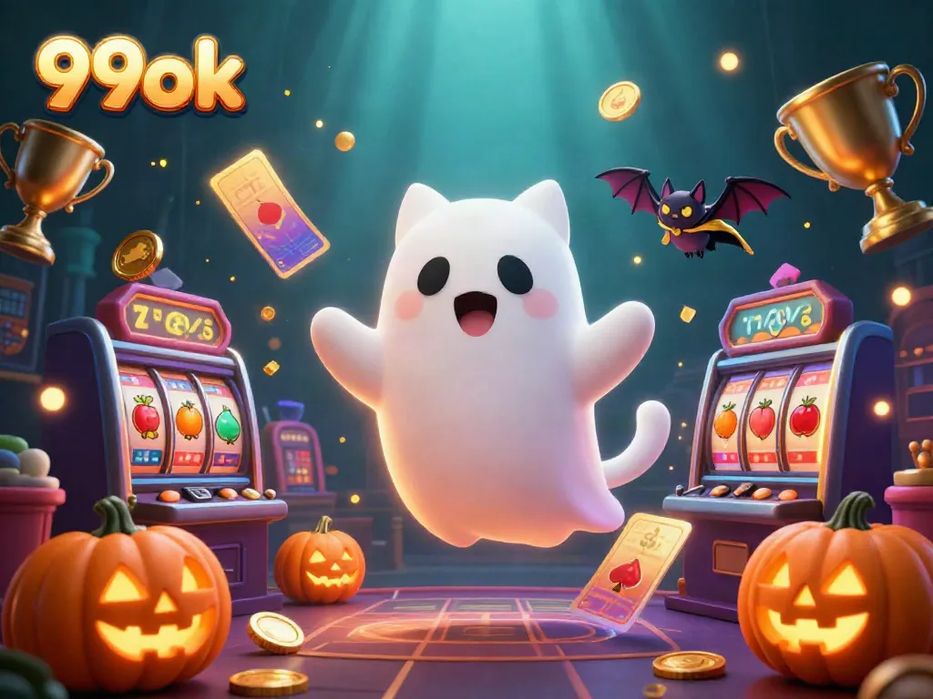 Experience the thrilling world of 99ok casino with a playful ghost cat and a vampire bat, surrounded by slot game elements.