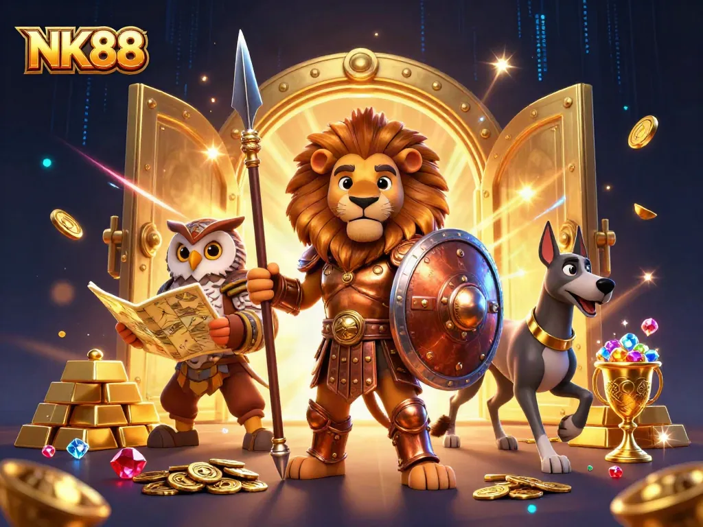 Experience the excitement of NK88 with a vibrant casino scene featuring a Spartan lion and treasure vaults.