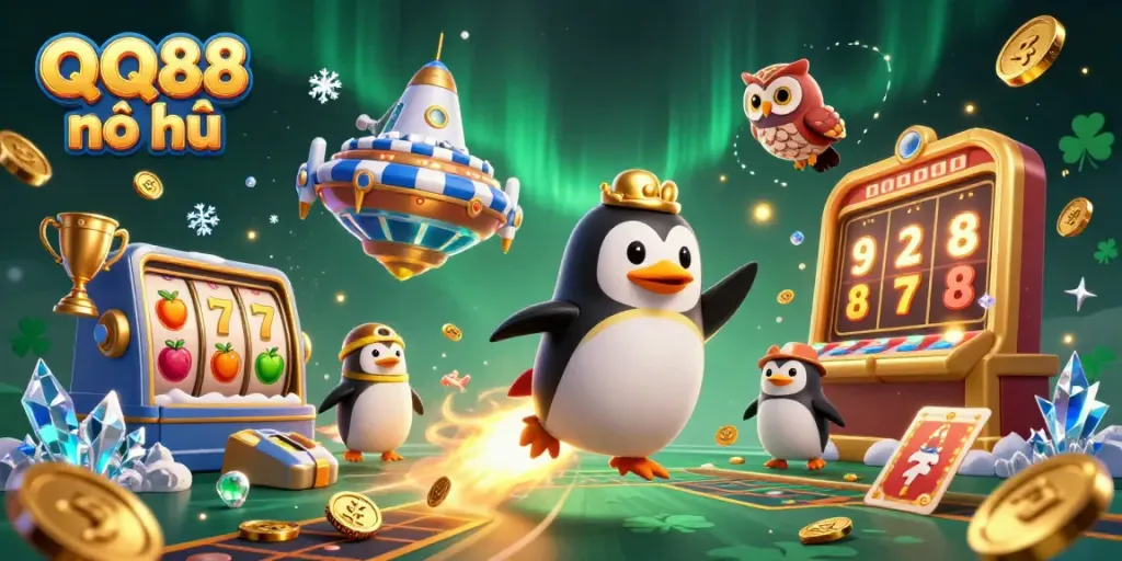 Experience thrilling wins with QQ88 nổ hũ featuring a dynamic golden penguin and slot reels in action.