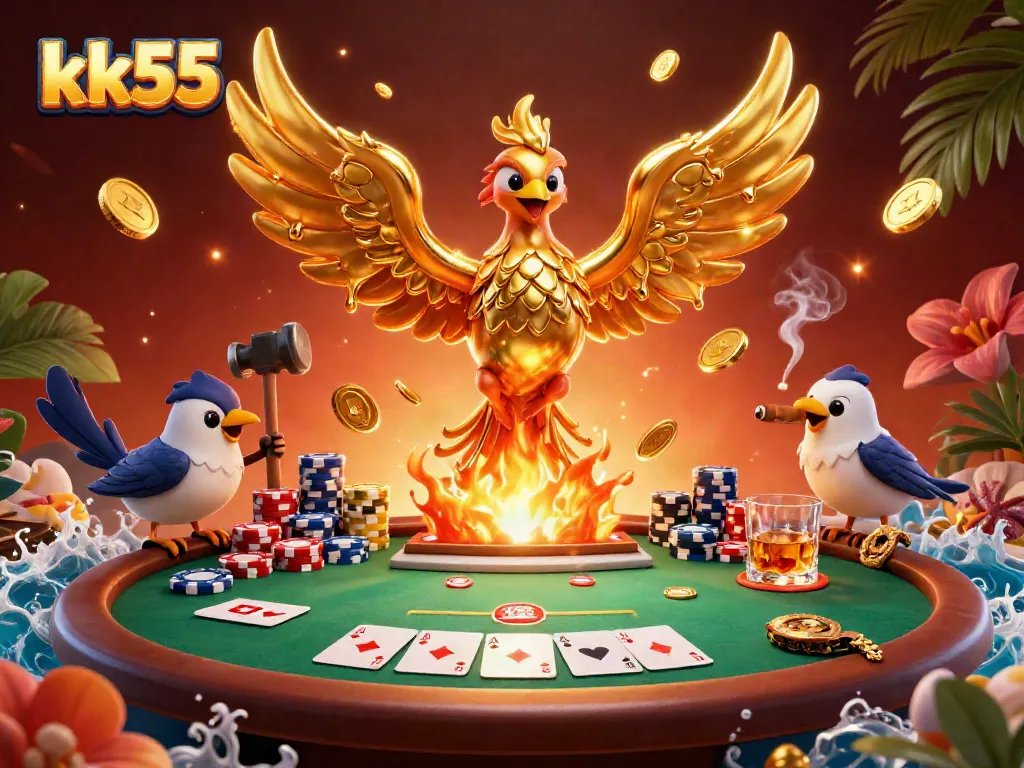 kk55 players engage in a vibrant casino scene with a golden phoenix and poker elements, showcasing excitement.