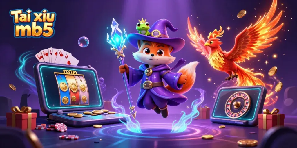 Tài xỉu mb5 enchanted scene with mystical wizard fox, phoenix, and treasure of golden coins.